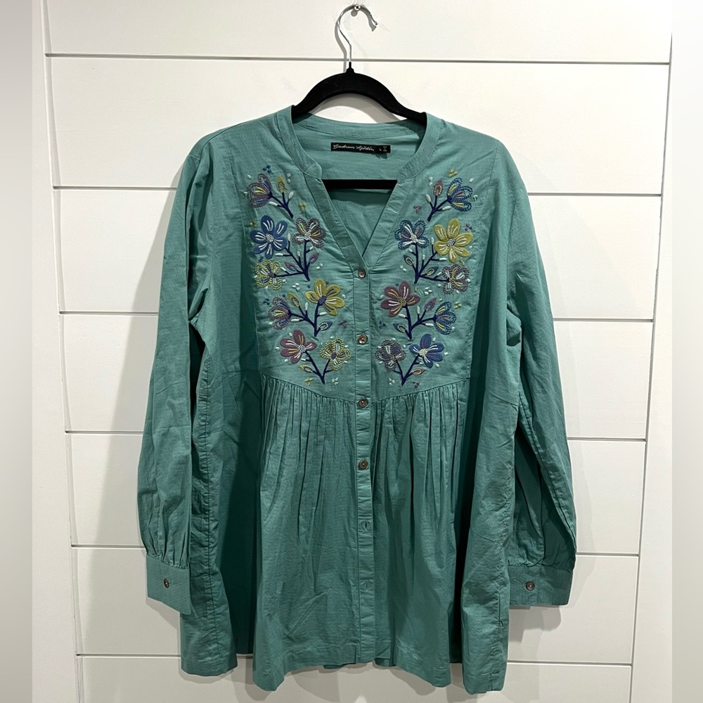 Gudrun Sjoden green floral embroidered top